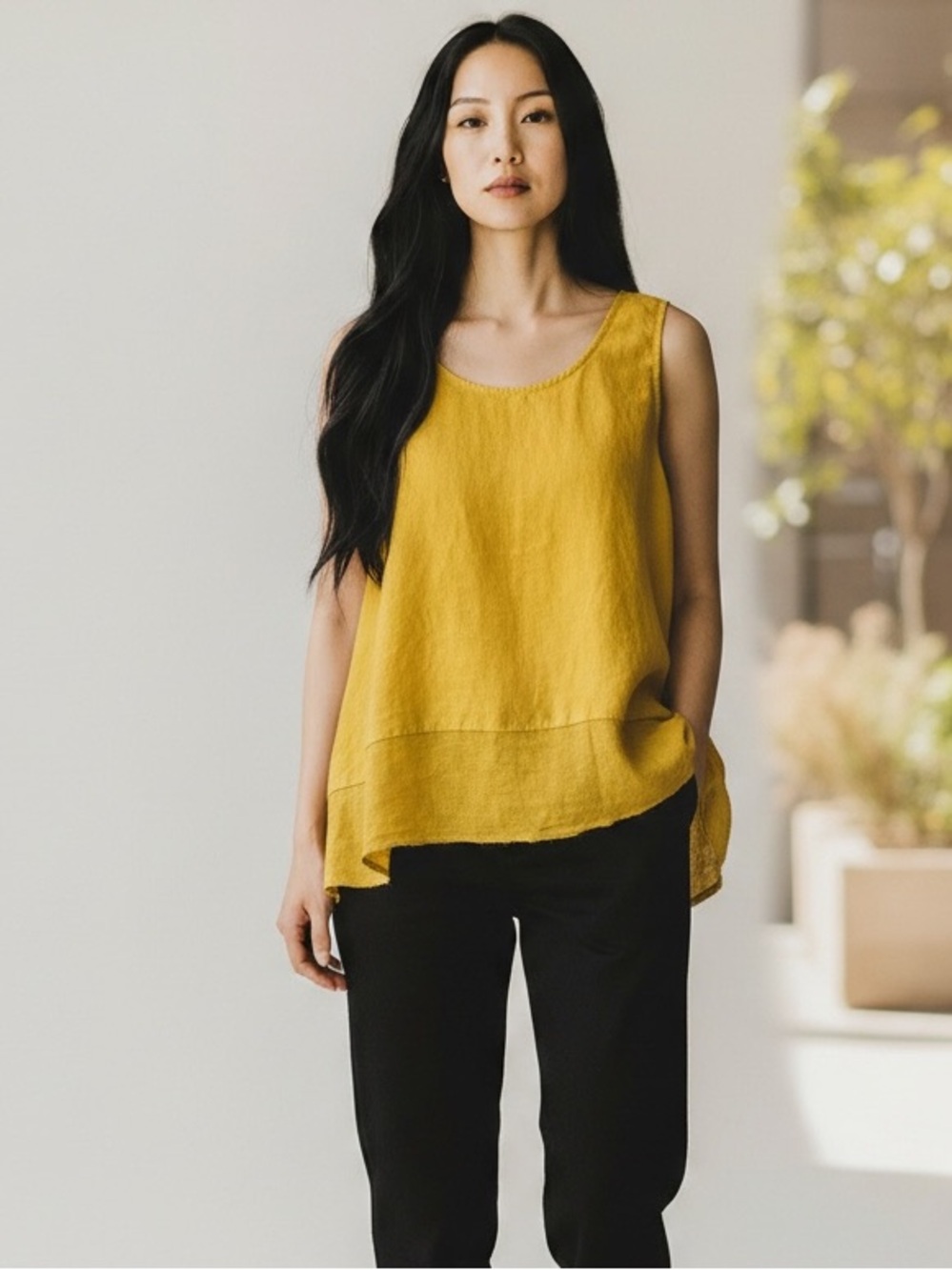 Grand Greece 100% Linen Hi-Low Peplum Style Sleeveless Top Marigold Yellow SizeM